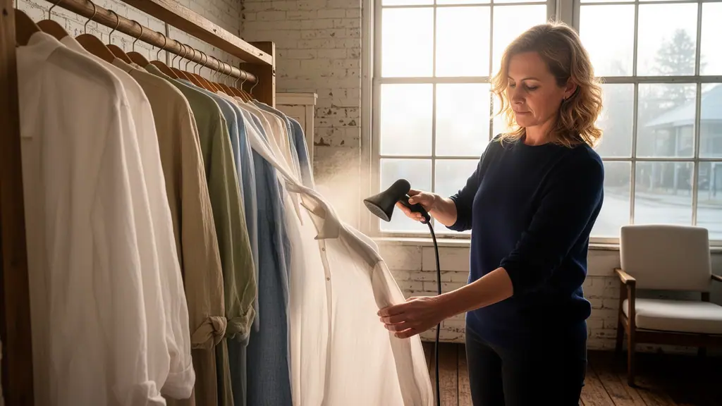 A boutique owner steaming a white linen shirt on a clothing rail, backlit by a misty morning window.